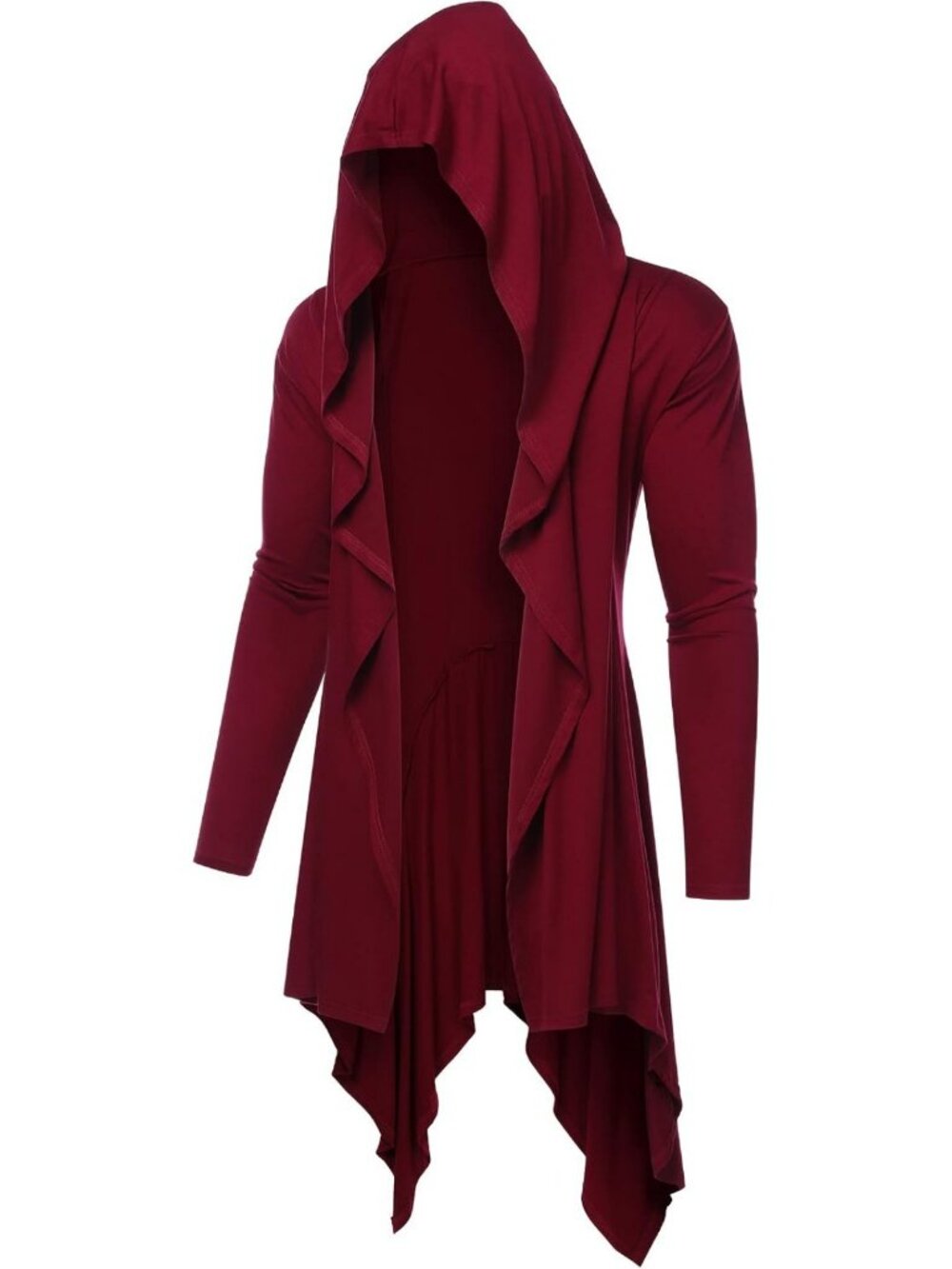 Lightweight Long Hooded Cardigan with Ruffle Shawl Collar, Open Front & Pockets